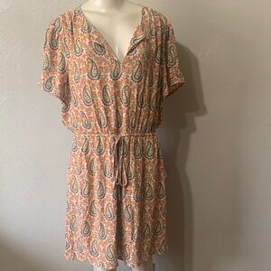 DR2 size L Floral Paisley Dress Orange Blue, Lined Drawstring Waistband NWT